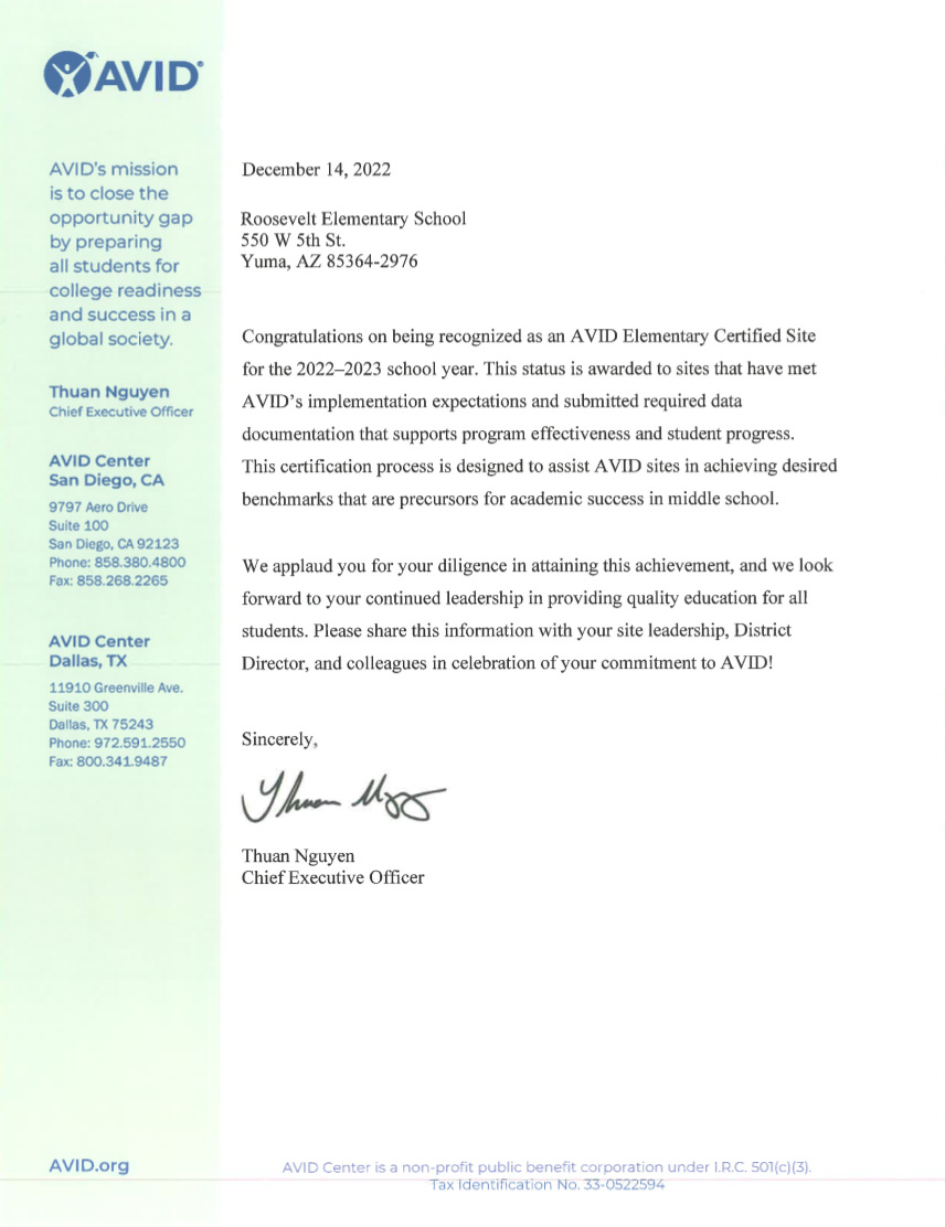 AVID Center recognition letter